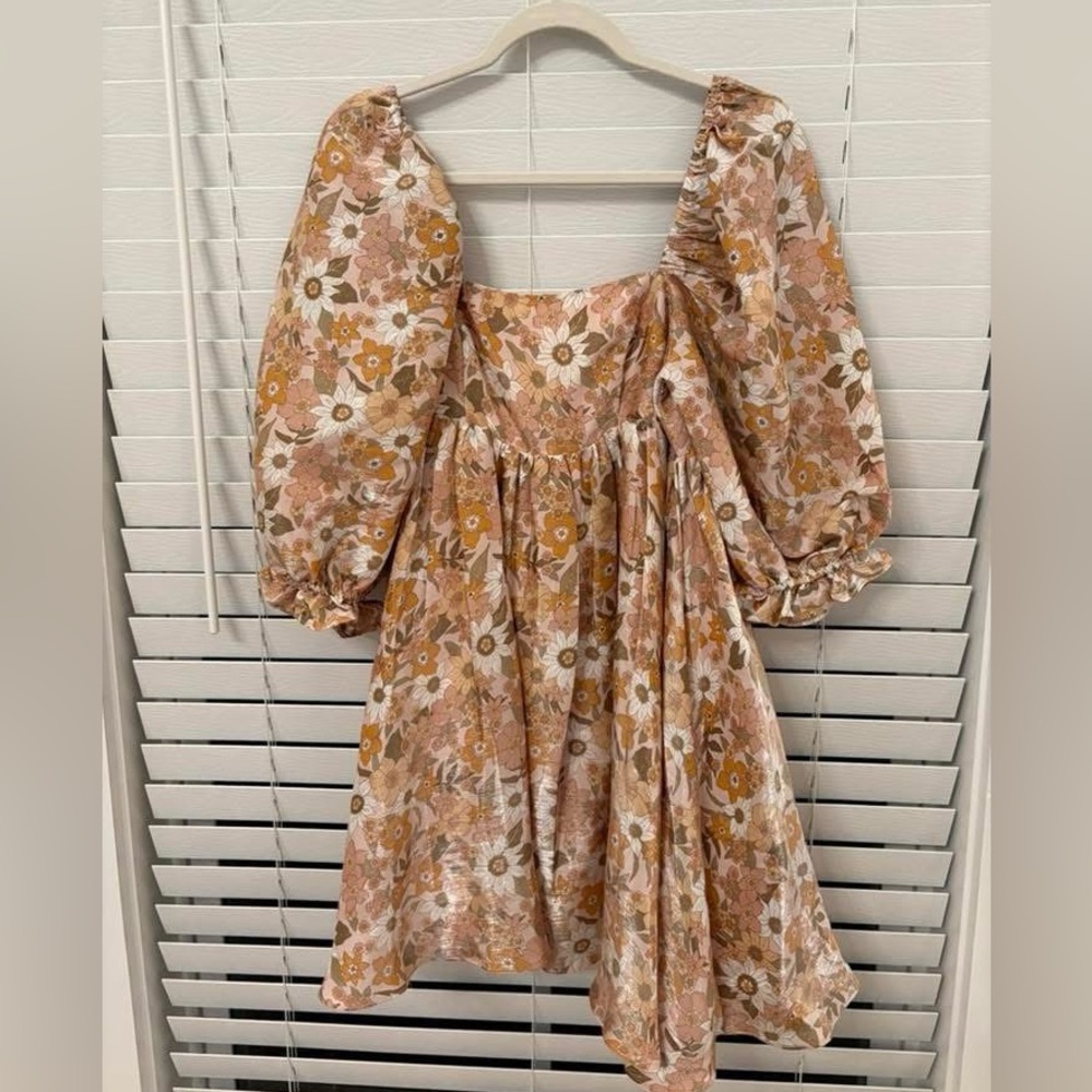 Astoria Floral Puff Sleeve Dress in Blush and Mustard